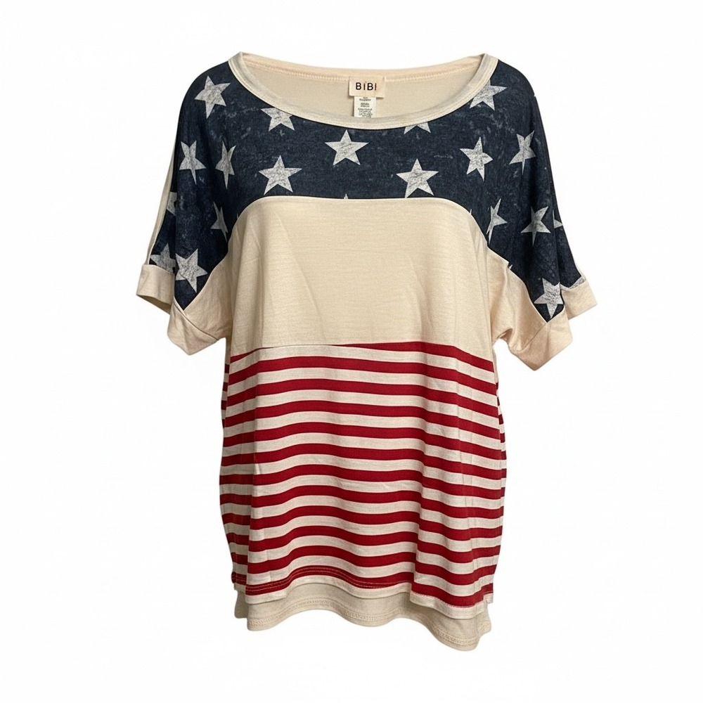BIBI Womens American Flag Stars & Stripes Dolman Top L Cream Red Blue USA Pride - Picture 1 of 7